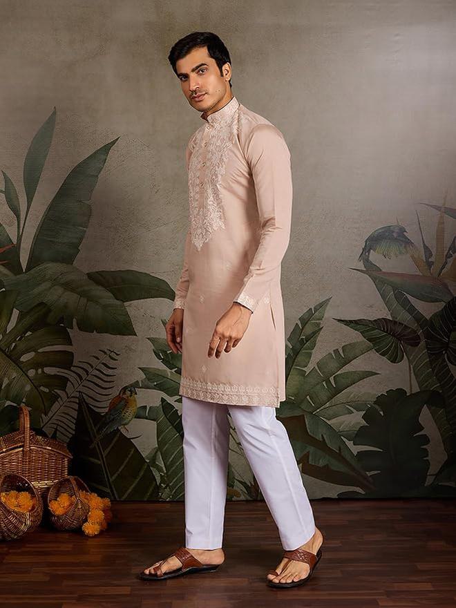 Kalaanj Men Silk Blend Embroidered Kurta with Mandarin Collar - Image 3